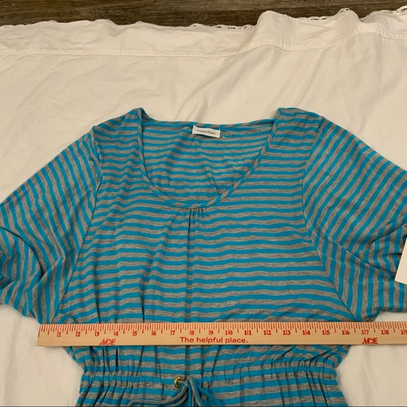 Calvin Klein Blue Gray Striped Drawstring Waist Knit Dress Sz 10 Stretch - Picture 7 of 11